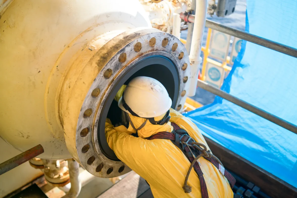 Worker in protective clothing at the manway of an industrial pressure vessel
