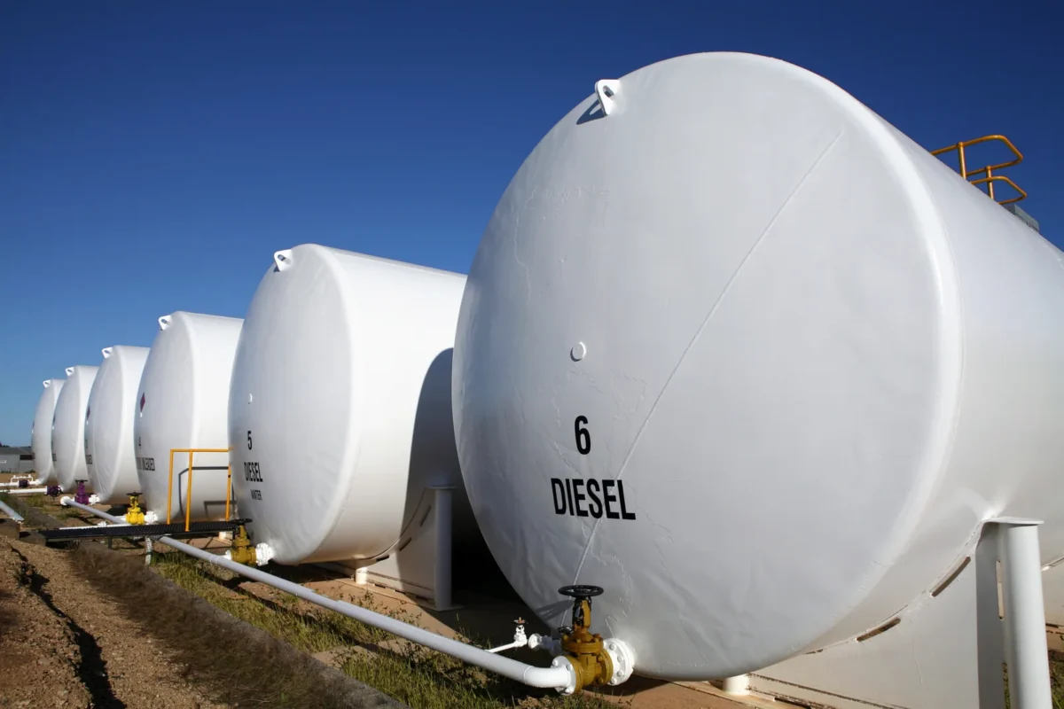 White horizontal storage tanks clearly labelled for diesel fuel.
