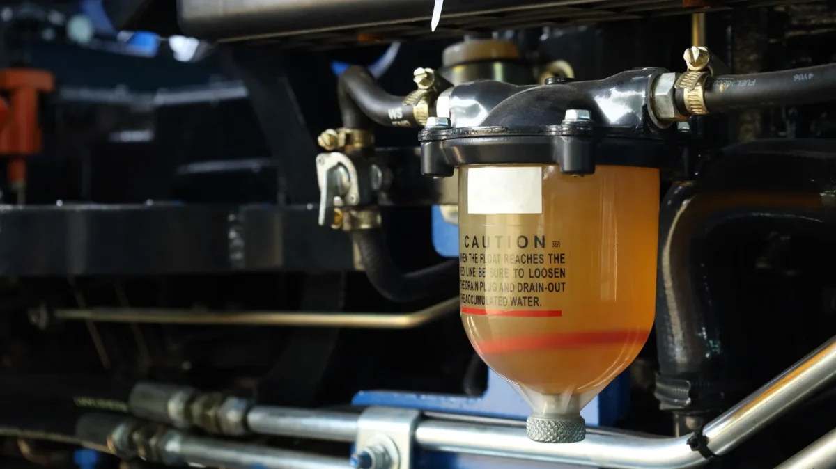Diesel fuel prefilter and water separator fitted to an engine fuel system.