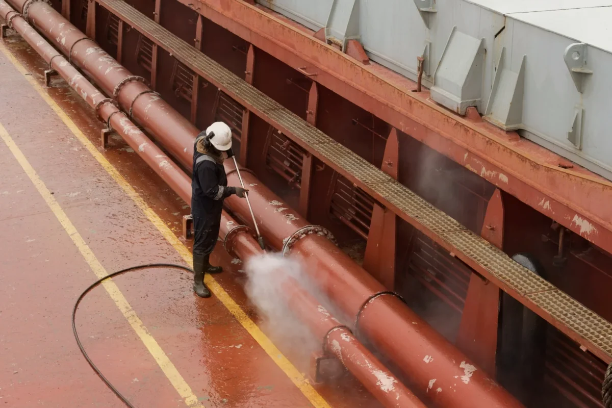 Worker water-jetting weathered coating on shipboard pipework