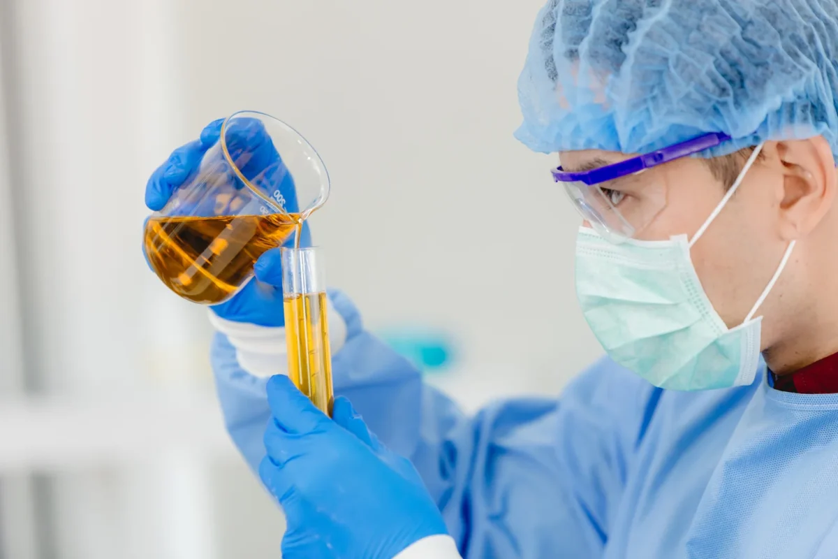 Laboratory technician examining a liquid oil sample.
