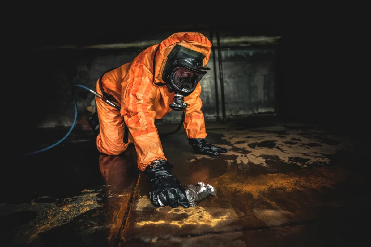 Worker in protective clothing and a respirator cleaning a tank interior.