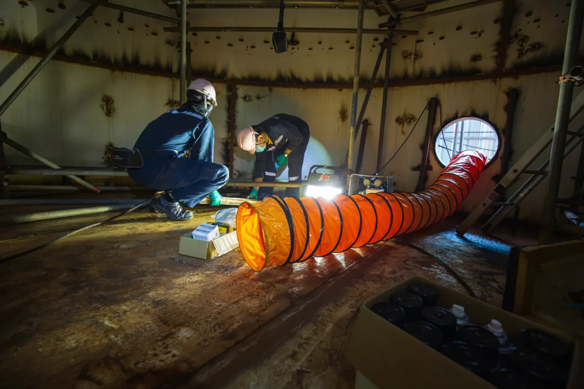 Technicians inspecting a steel oil tank floor with ventilation equipment in place.