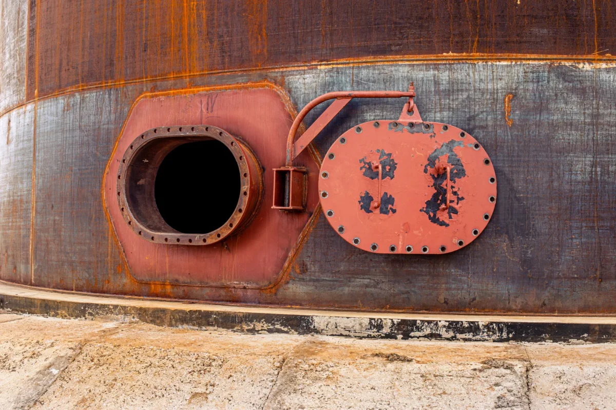 Open access manway in the wall of a steel storage tank.