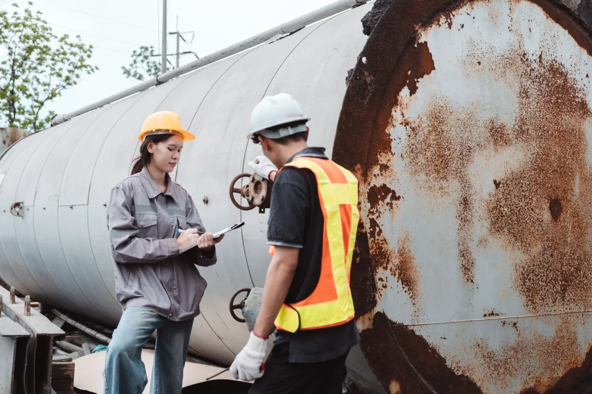 Engineers checking a storage tank valve and recording the inspection.